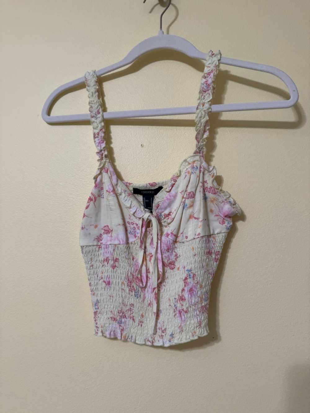 Forever 21 Cream and Pink Floral Smocked Cami with Braided Straps
